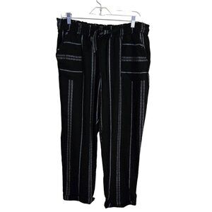 Happily Grey Wide Leg Striped Cuffed Black Linen Pull On Pants Size XL